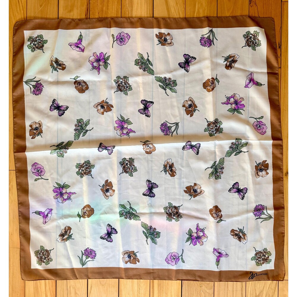 Vintage 80s 90s JP Collections Floral Butterfly Scarf 30x30 Polyester Square